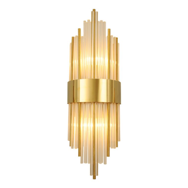 Elegant light luxury modern wall lamp illuminating a stylish living room.