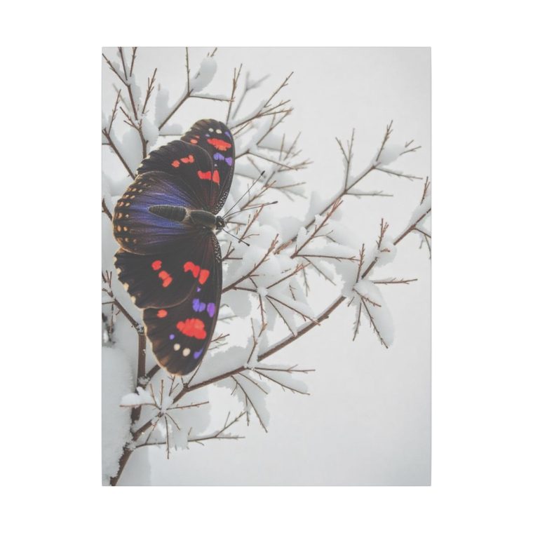 Vivid Grace A Purple and Red Butterfly on Snowy Branches - Image 5