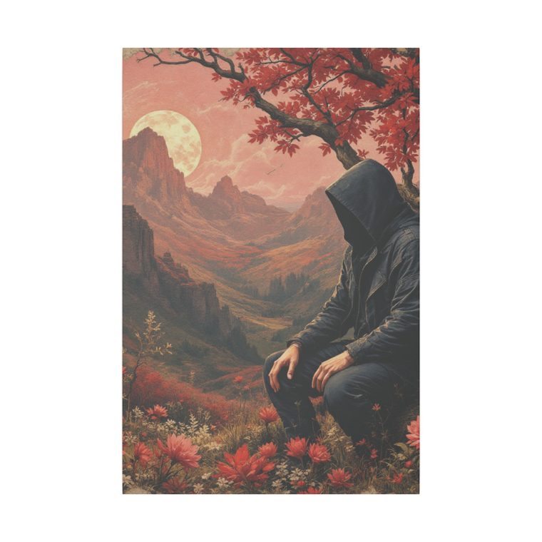 Mystical Solitude Hooded Figure in a Vibrant Autumn Landscape Under a Full Moon - Image 9