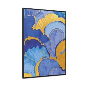 Large Vertical Gold and Blue Wall Art displayed in a modern living room