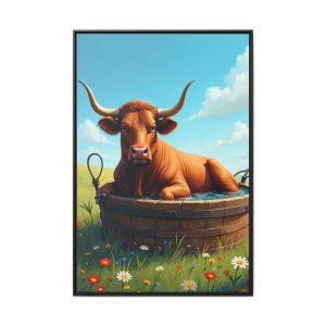 Unique bull in a tub canvas print with a quirky and artistic design.
