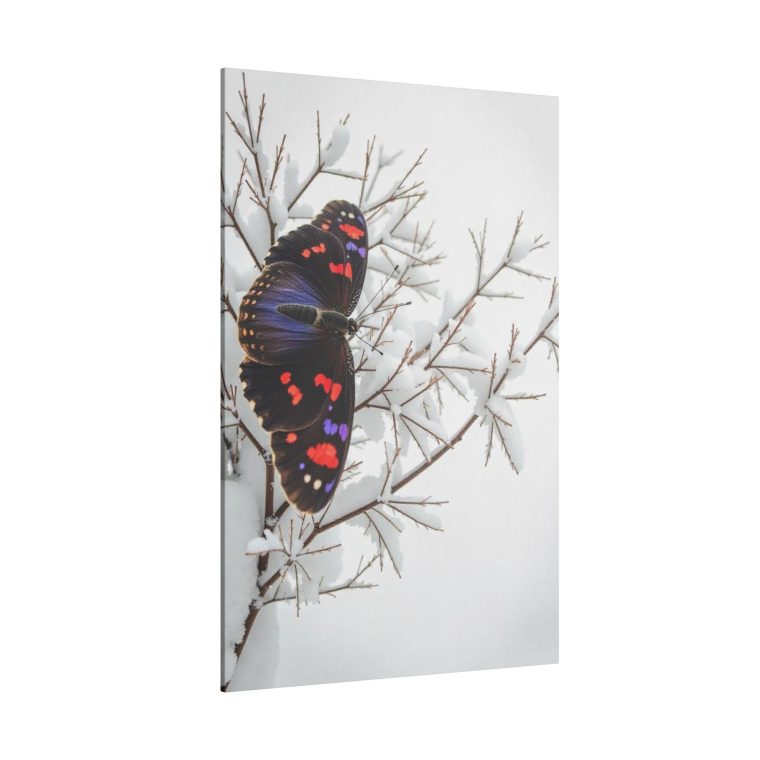 Vivid Grace A Purple and Red Butterfly on Snowy Branches - Image 10