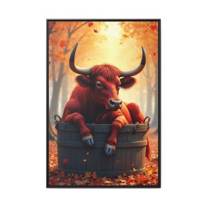 Farmhouse-style canvas print of a quirky bull in a tub. Farmhouse Fun Bull in a Tub Art