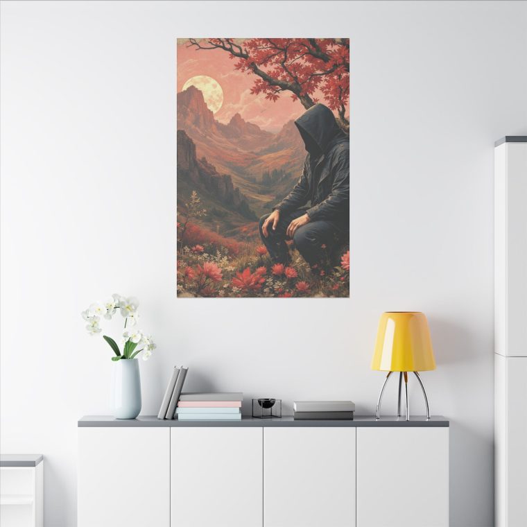 Mystical Solitude Hooded Figure in a Vibrant Autumn Landscape Under a Full Moon - Image 4