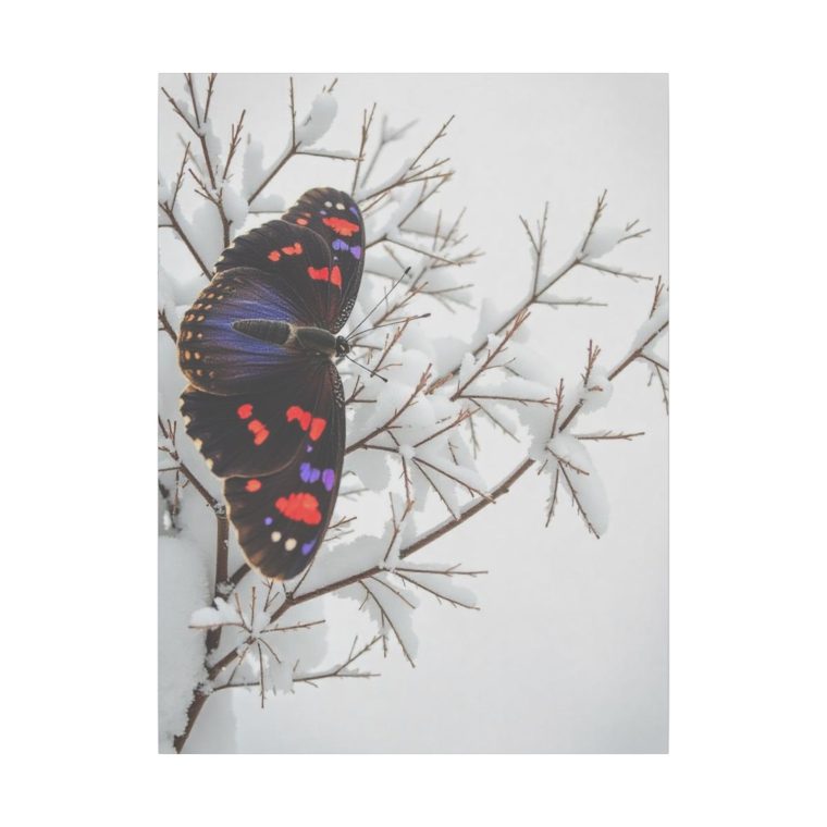 Vivid Grace A Purple and Red Butterfly on Snowy Branches - Image 2