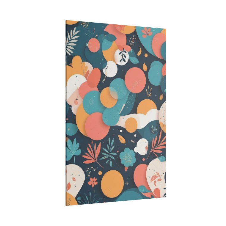 Full view of playful abstract wall art, combining botanical elements and geometric shapes in soft, earthy tones.
