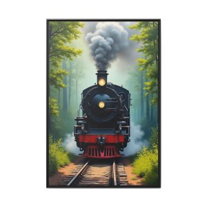 Large steam locomotive wall decor featuring vintage train art in a rustic style