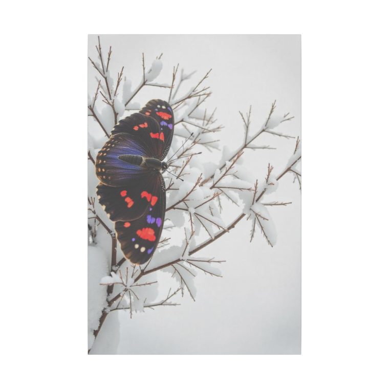 Vivid Grace A Purple and Red Butterfly on Snowy Branches - Image 9