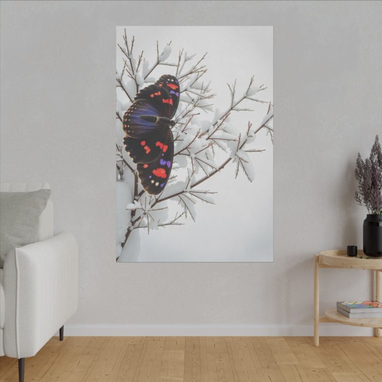 Vivid Grace A Purple and Red Butterfly on Snowy Branches - Image 15