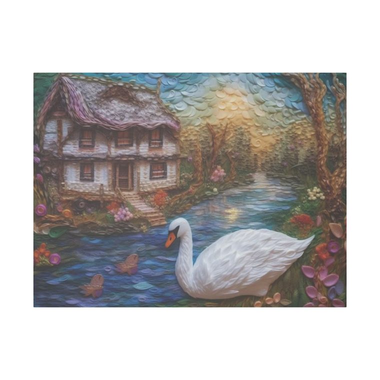 Painting of a Swan by a House on the Wate - Image 13