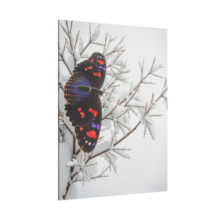 Vivid Grace A Purple and Red Butterfly on Snowy Branches