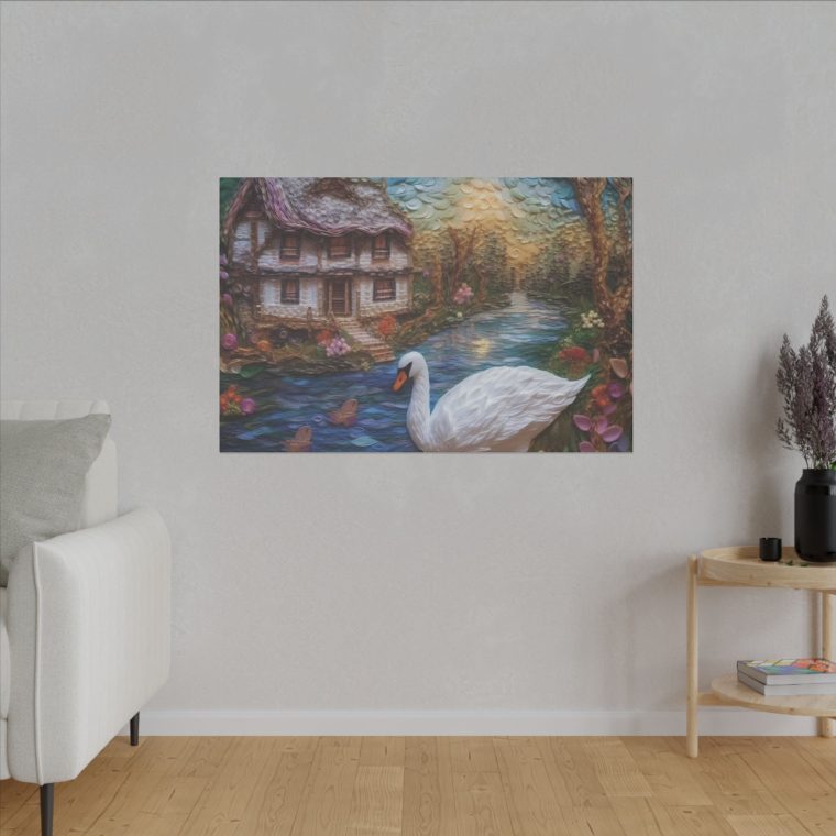 Painting of a Swan by a House on the Wate - Image 7