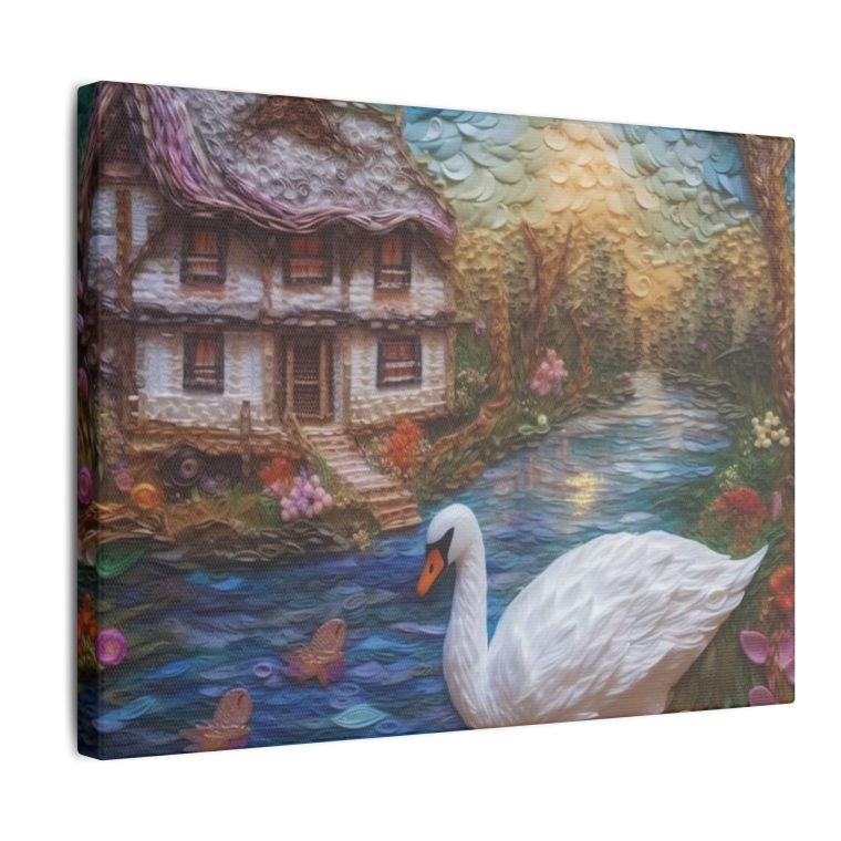 Painting of a Swan by a House on the Wate