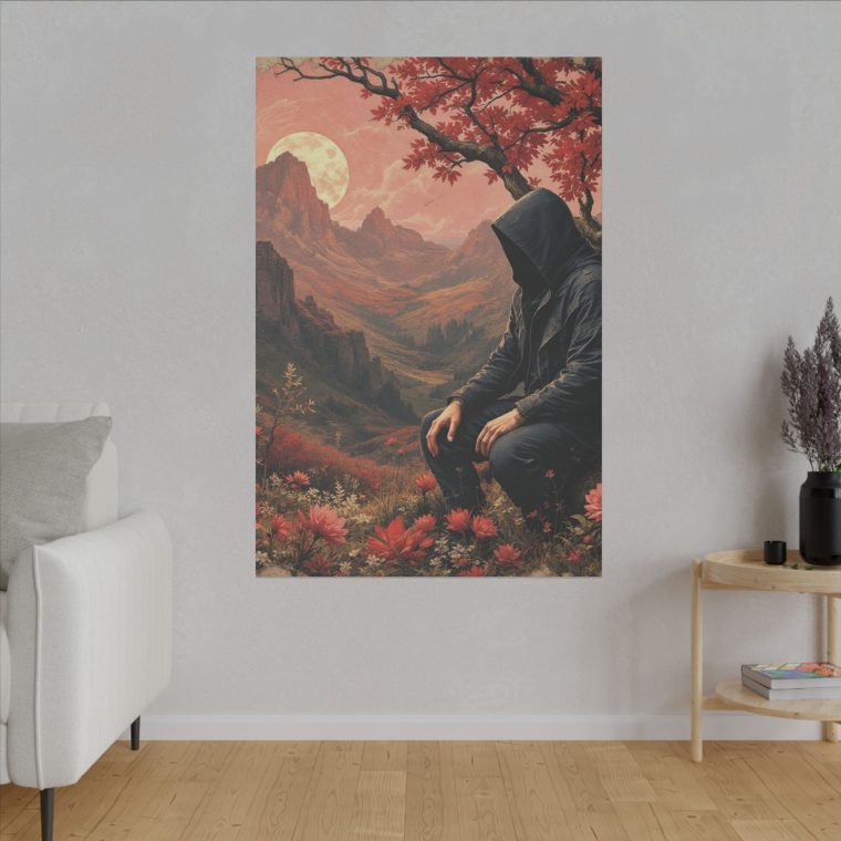 Mystical Solitude Hooded Figure in a Vibrant Autumn Landscape Under a Full Moon - Image 3