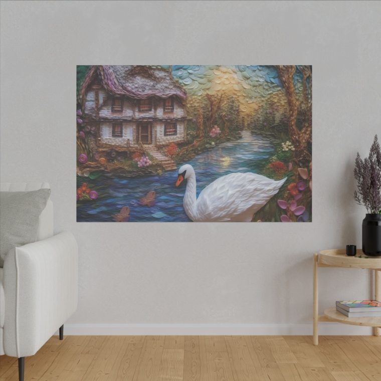 Painting of a Swan by a House on the Wate - Image 11