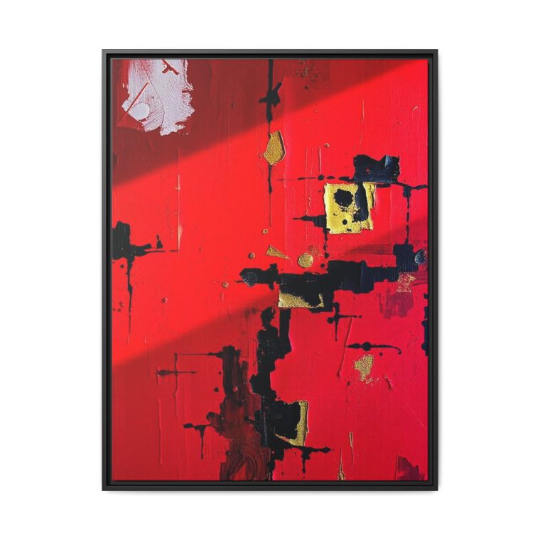 Striking abstract wall art featuring rich red tones, complemented by gold and black accents for a modern, upscale look