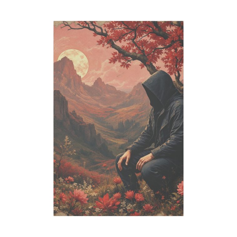 Mystical Solitude Hooded Figure in a Vibrant Autumn Landscape Under a Full Moon - Image 2