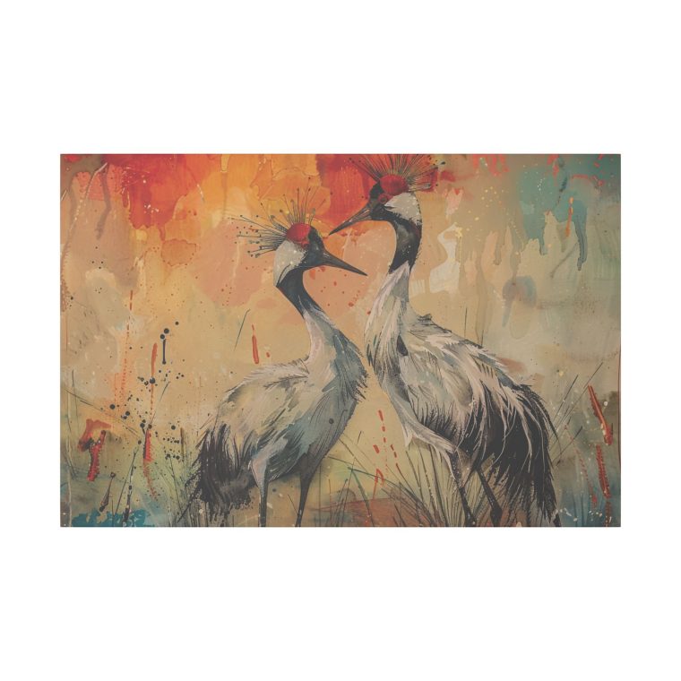 Painting Two Cranes With Red Sunset Background - Image 2