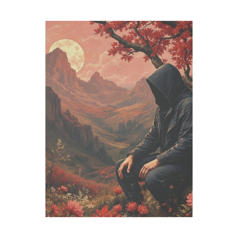Mystical Solitude Hooded Figure in a Vibrant Autumn Landscape Under a Full Moon - Image 5