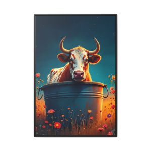 Rustic charm canvas print featuring a playful bull in a tub. featuring a playful bull in a tub.