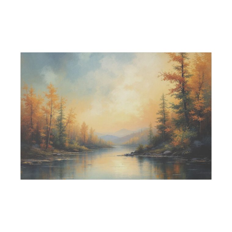 Tranquil Autumn Landscape Serene River Scene with Golden Foliage - Image 2