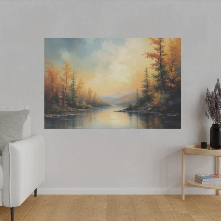 Tranquil Autumn Landscape Serene River Scene with Golden Foliage - Image 3