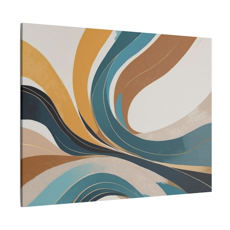 The Gold and Blue Abstract Flow Wall Art displayed above a stylish sofa in a contemporary living space.