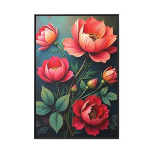 Large floral wall art featuring vibrant blooms in a modern living room