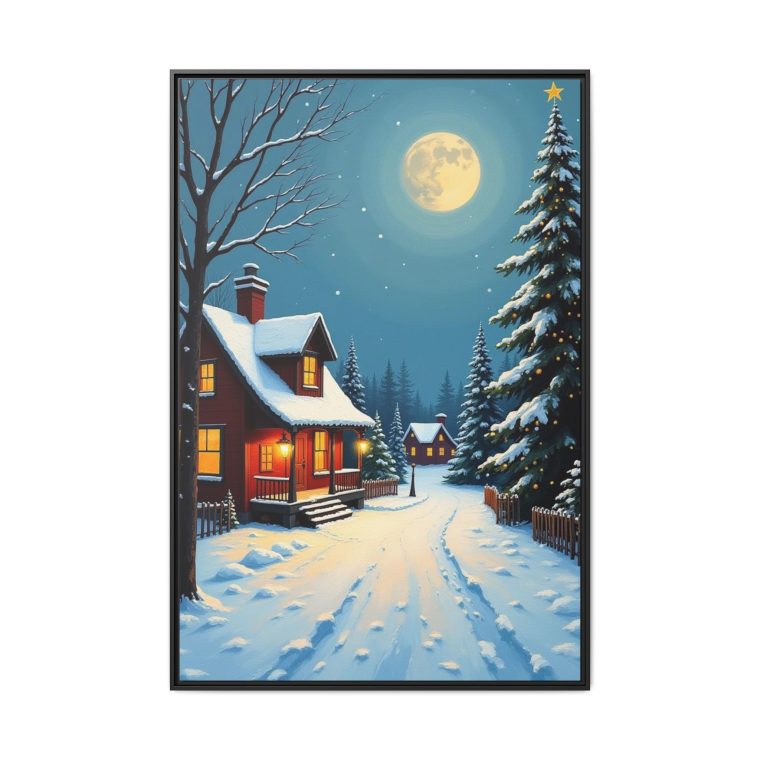Framed wall art of Hometown Christmas by Thomas Kinkade, featuring a snowy holiday scene.